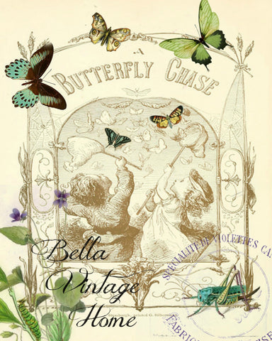 Butterfly Chase Print,  Pillow, Note Cards, Tea Towel, Digital Download - BELLAVINTAGEHOME