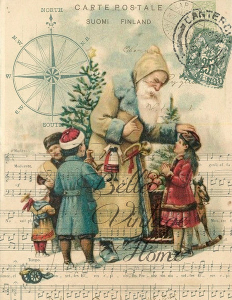 Vintage Art Collection Paper  Christmas Santa with Children  Print,  Pillow, Note Cards, Tea Towel, Digital Download - BELLAVINTAGEHOME