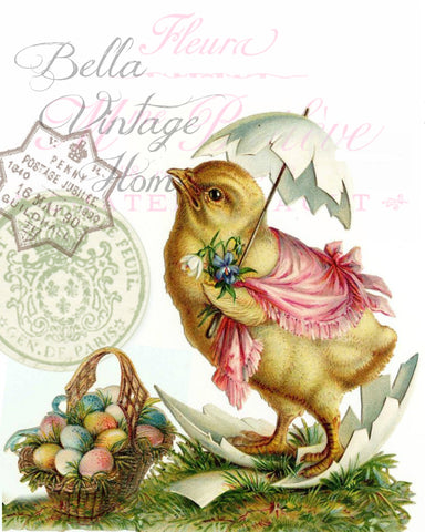Chick with Egg Basket Easter Print,  Pillow, Note Cards, Tea Towel, Digital Download - BELLAVINTAGEHOME