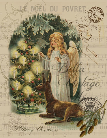 Vintage Art Collection Paper  Angel with Deer Print,  Pillow, Note Cards, Tea Towel, Digital Download - BELLAVINTAGEHOME