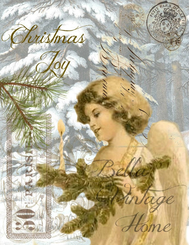 Vintage Art Collection Paper  Christmas Joy Angel  Print,  Pillow, Note Cards, Tea Towel, Digital Download - BELLAVINTAGEHOME
