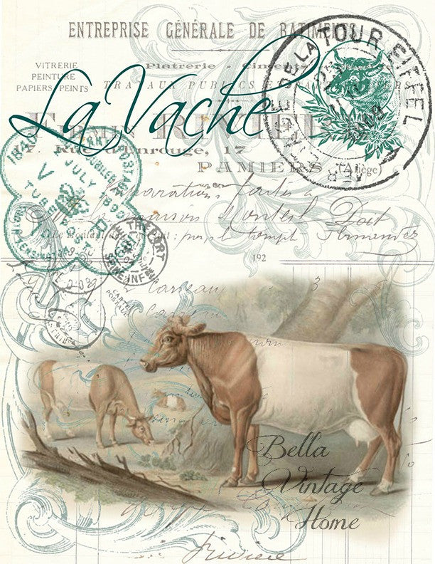 Farm Animal Cow Print, Pillow, Note Cards, Tea Towel, Digital Download - BELLAVINTAGEHOME