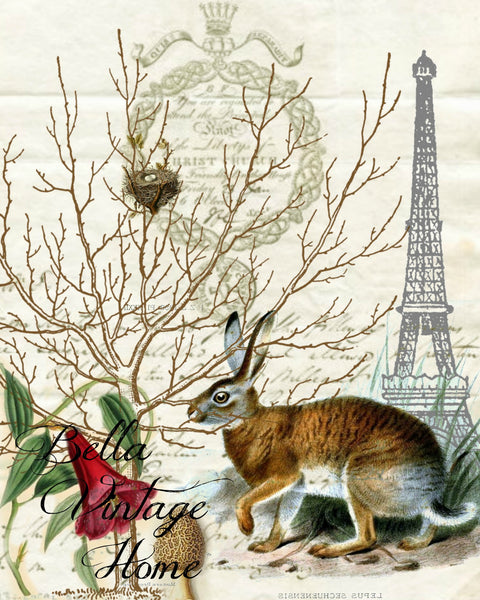 Eiffel Tower Rabbit Print,  Pillow, Note Cards, Tea Towel, Digital Download - BELLAVINTAGEHOME