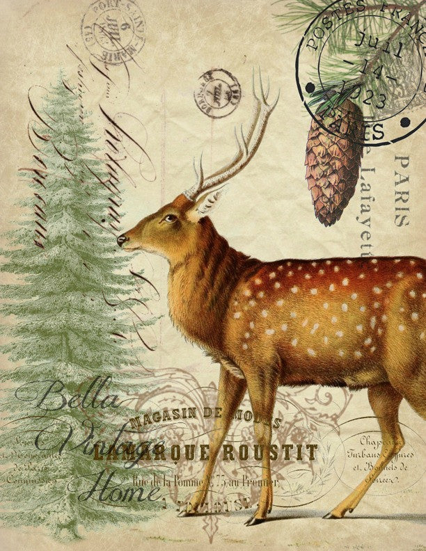 Vintage Art Collection Paper Christmas Deer Print, Pillow, Note Cards, Tea  Towel, Digital Download