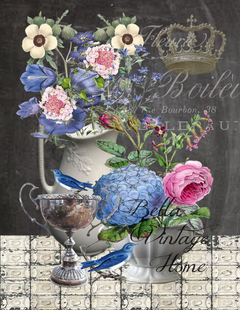 French Floral's with Blue Bird's Print, Pillow, Note Cards, Tea Towel, Digital Download - BELLAVINTAGEHOME