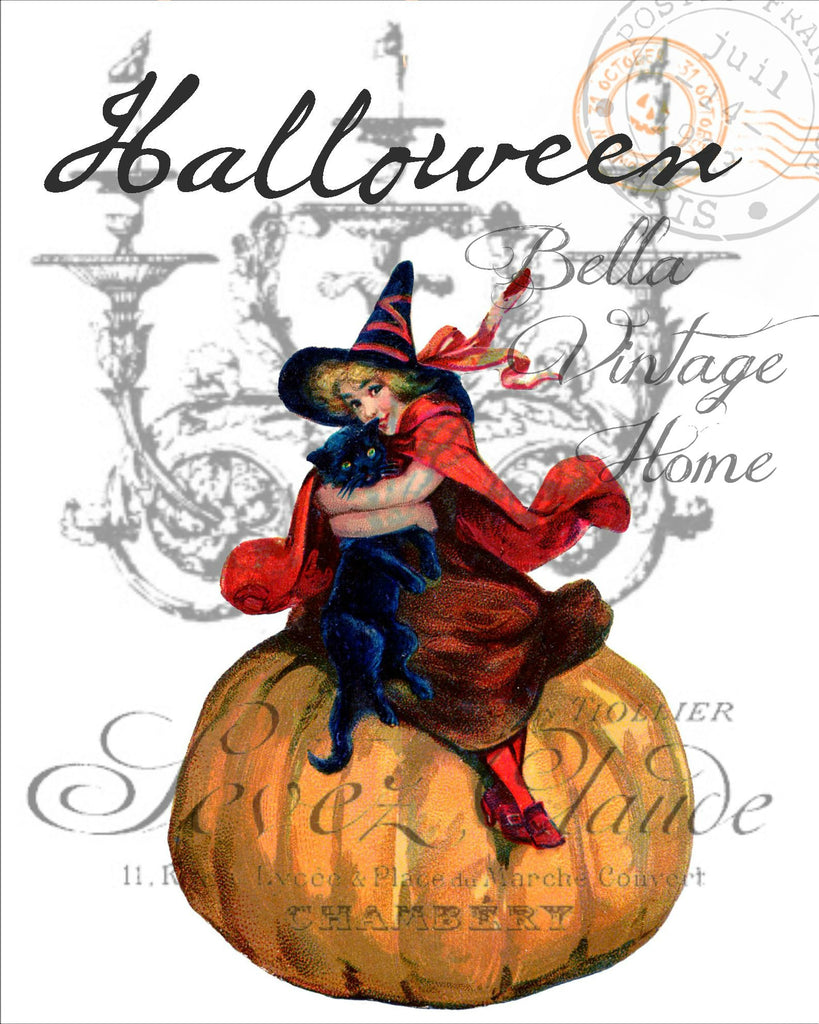 Witch and Kitty Print,  Pillow, Note Cards, Tea Towel, Digital Download - BELLAVINTAGEHOME