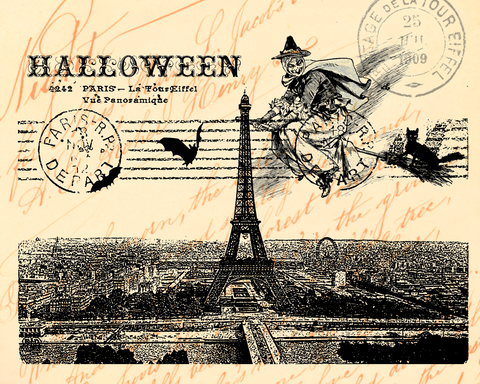 Halloween Paris Witch Print,  Pillow, Note Cards, Tea Towel, Digital Download - BELLAVINTAGEHOME