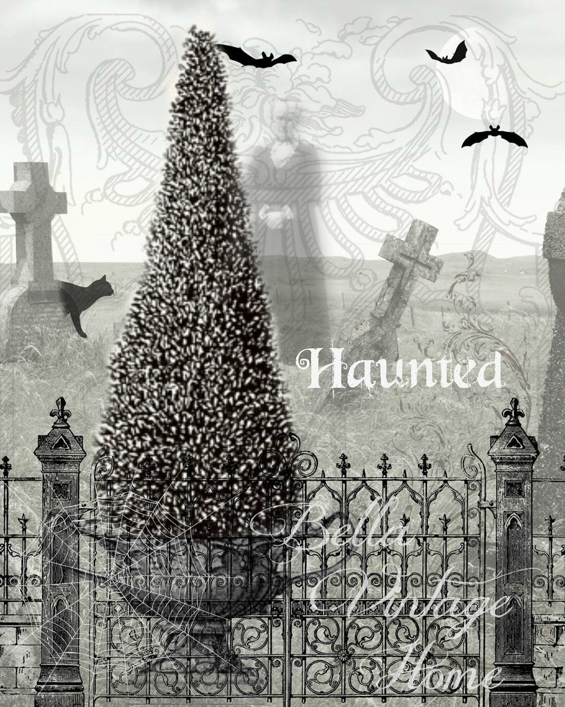 Gothic Haunted Graveyard Print,  Pillow, Note Cards, Tea Towel, Digital Download - BELLAVINTAGEHOME