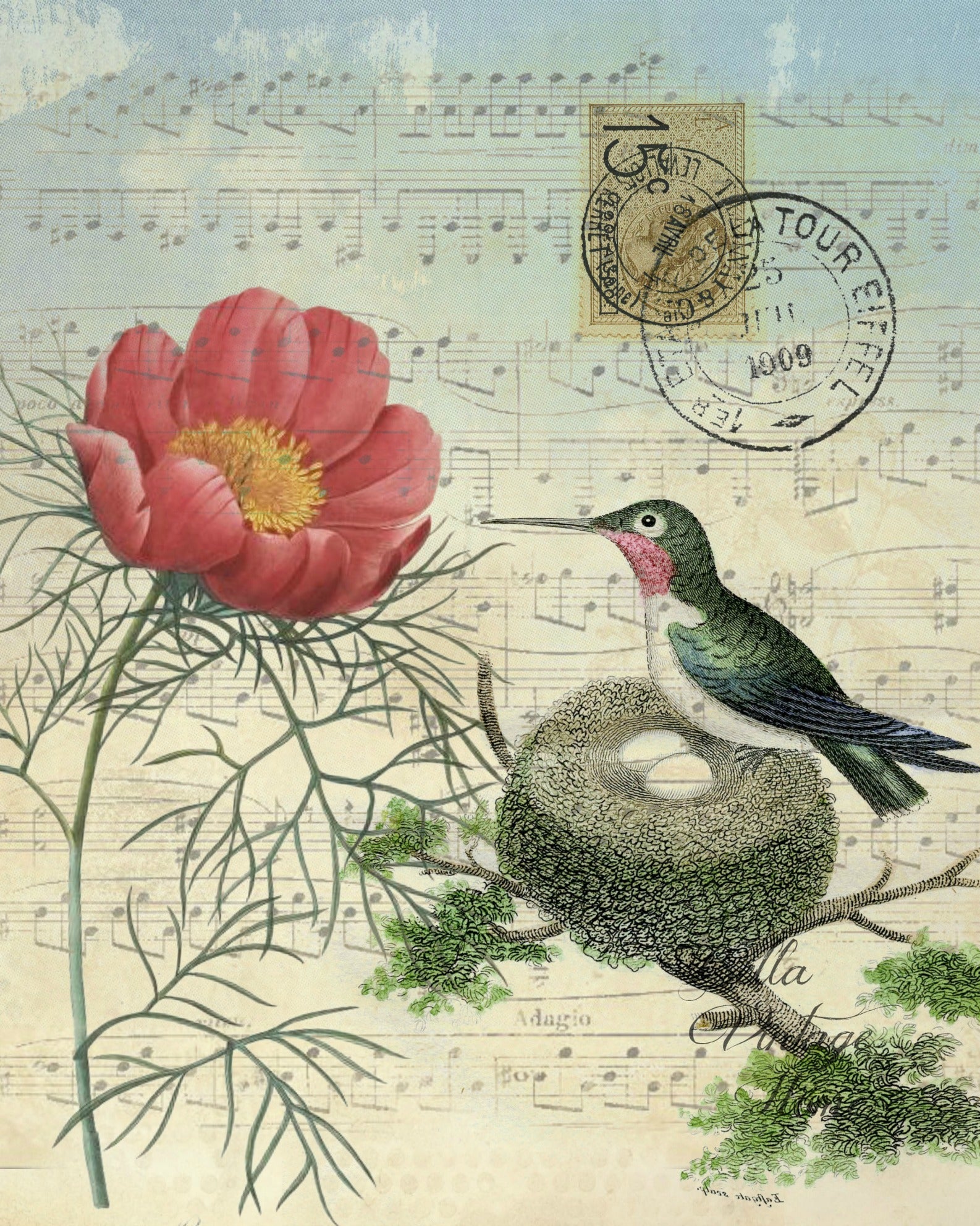 Bird Tea Towel Hummingbird with Nest