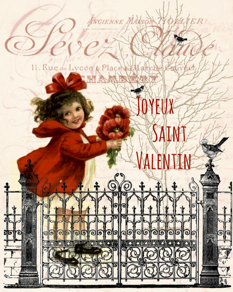 Valentine-A Joyeux Saint Valentin Print, Pillow,Note Cards, Tea Towel, Digital Download - BELLAVINTAGEHOME