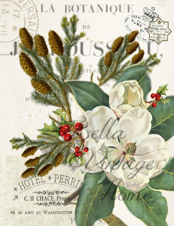 Vintage Art Collection Paper  Christmas Magnolia Print,  Pillow, Note Cards, Tea Towel, Digital Download - BELLAVINTAGEHOME