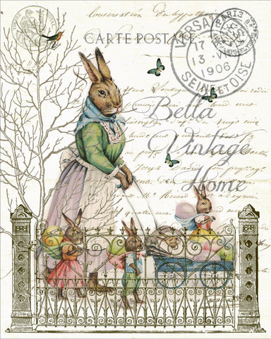 Mother Rabbit with Babies Print, Pillow,Note Cards, Tea Towel, Digital Download - BELLAVINTAGEHOME