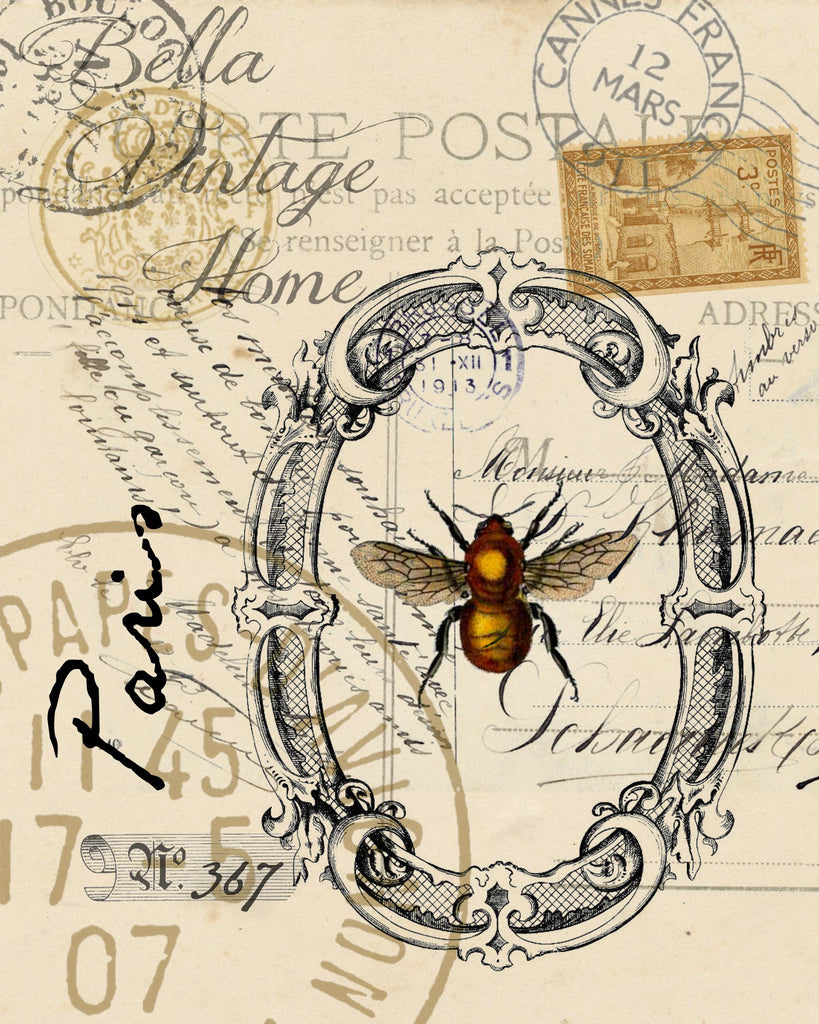 Botanical Paris Bee  Print, Pillow, Note Cards, Tea Towel, Digital Download - BELLAVINTAGEHOME