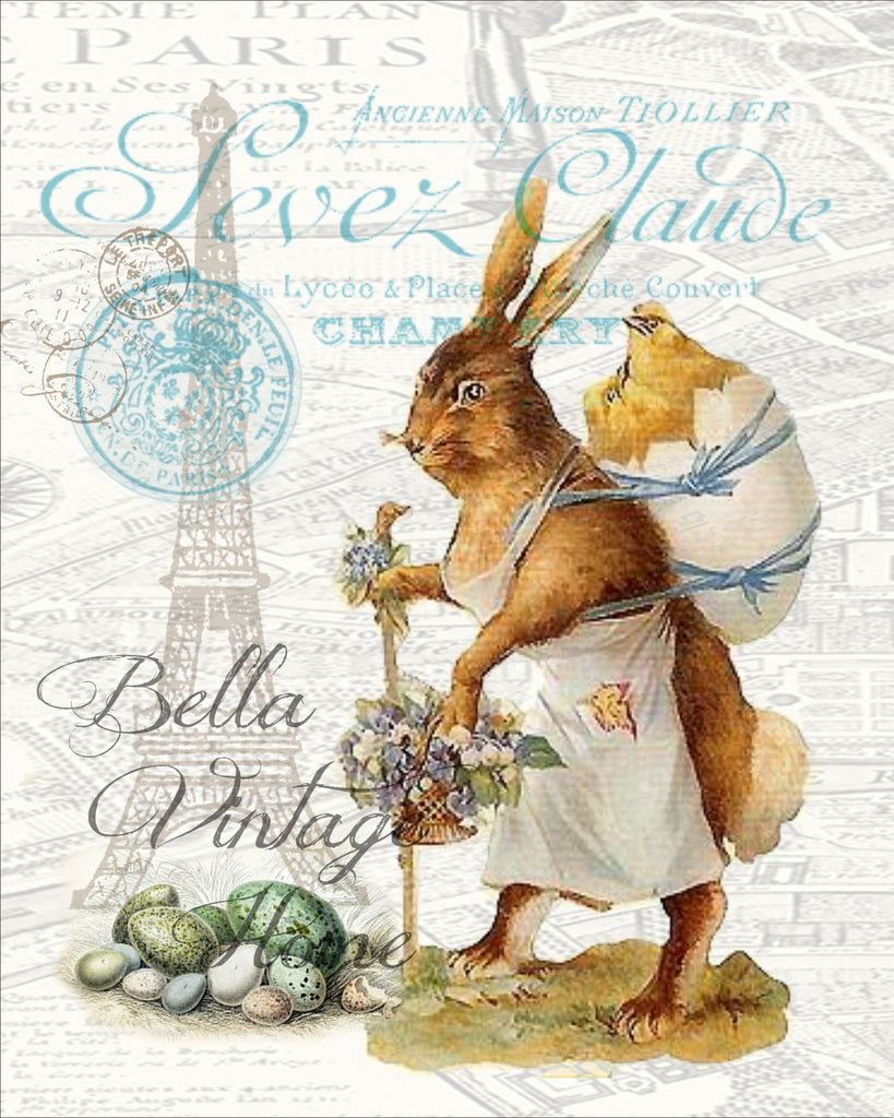 Mother Rabbit in Paris Print, Pillow, Note Cards, Tea Towel, Digital Download - BELLAVINTAGEHOME