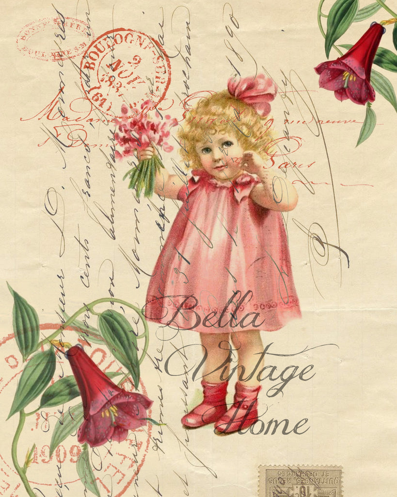 Valentine-Pretty In Pink Valentine Girl Print, Pillow, Notecards, Tea Towel, Digital Download - BELLAVINTAGEHOME