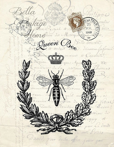 Botanical Queen Bee Print,  Pillow, Note Cards, Tea Towel, Digital Download - BELLAVINTAGEHOME