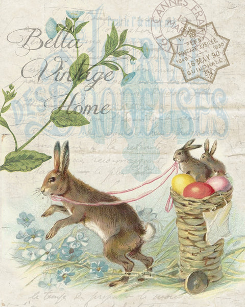 Mr. Rabbit  with Basket Cart  Print,  Pillow, Note Cards, Tea Towel, Digital Download - BELLAVINTAGEHOME