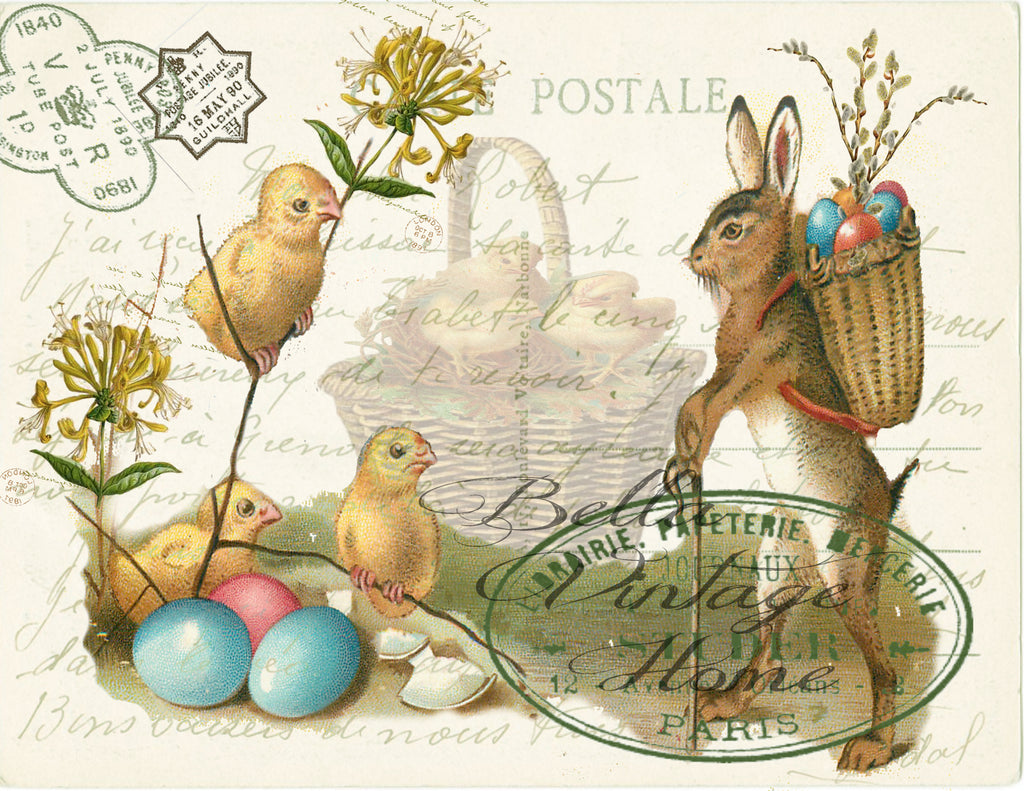Rabbit and Chicks  Print, Pillow, Note Cards, Tea Towel, Digital Download - BELLAVINTAGEHOME