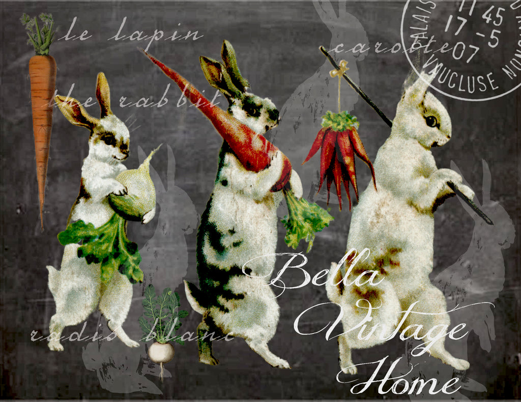 Rabbits with Carrots  Print, Pillow, Note Cards, Tea Towel, Digital Download - BELLAVINTAGEHOME