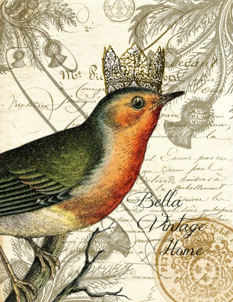 Botanical Robin with crown Print, Pillow, Note Cards, Tea Towel, Digital Download - BELLAVINTAGEHOME