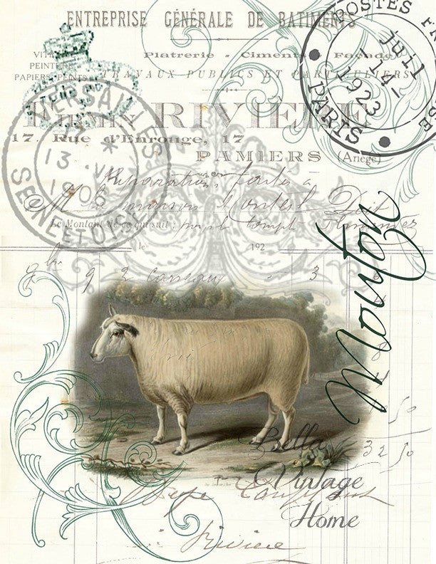 Farm Animal Sheep Botanical Print,  Pillow, Note Cards, Tea Towel, Digital Download - BELLAVINTAGEHOME