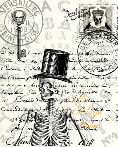 Gothic Skeleton Postcard Print,  Pillow, Note Cards, Tea Towel, Digital Download - BELLAVINTAGEHOME