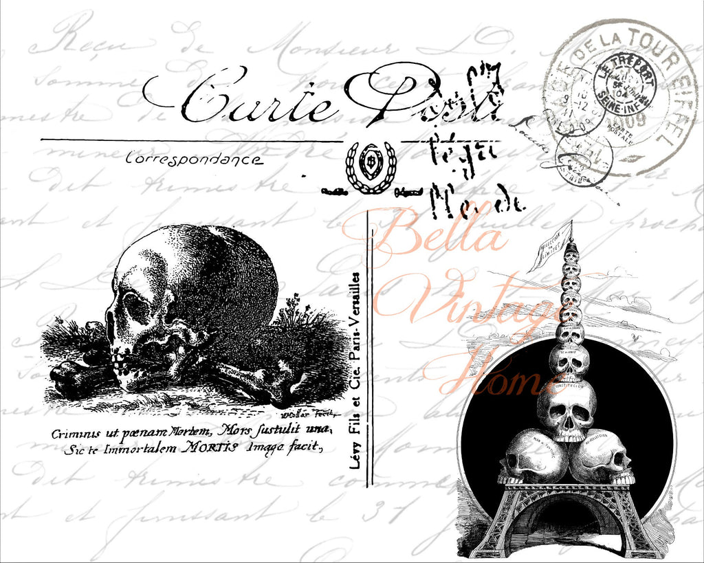 Gothic Skeleton Eiffel Tower Print,  Pillow, Note Cards, Tea Towel, Digital Download - BELLAVINTAGEHOME