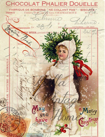 Vintage Art Collection Paper  Christmas Snow Child  Print,  Pillow, Note Cards, Tea Towel, Digital Download - BELLAVINTAGEHOME