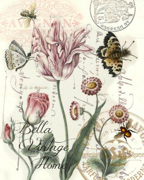 Insect Tea  Towel Tulips & Butterflies - BELLAVINTAGEHOME