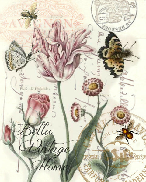 Tulips and  Butterflies Print,  Pillow, Note Cards, Tea Towel, Digital Download - BELLAVINTAGEHOME