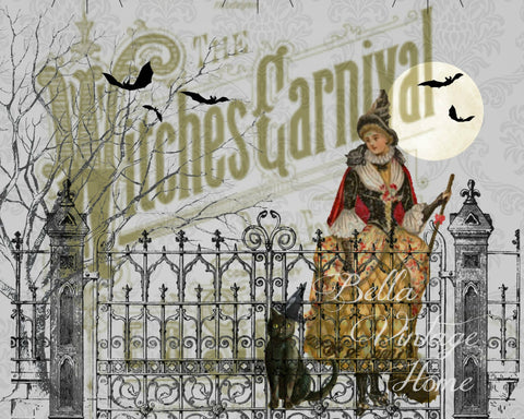 Halloween Witches Carnival Print,  Pillow, Note Cards, Tea Towel, Digital Download - BELLAVINTAGEHOME