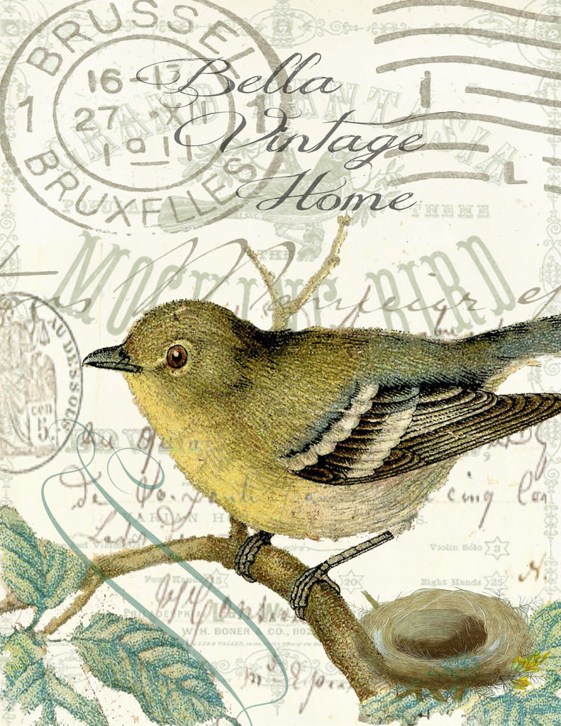 Botanical Yellow Bird Print, Pillow, Note Cards, Tea Towel, Digital Download - BELLAVINTAGEHOME