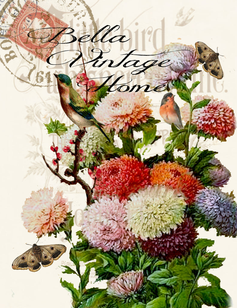 Zinnia Floral Print, Pillow, Note Cards, Tea Towel, Digital Download - BELLAVINTAGEHOME