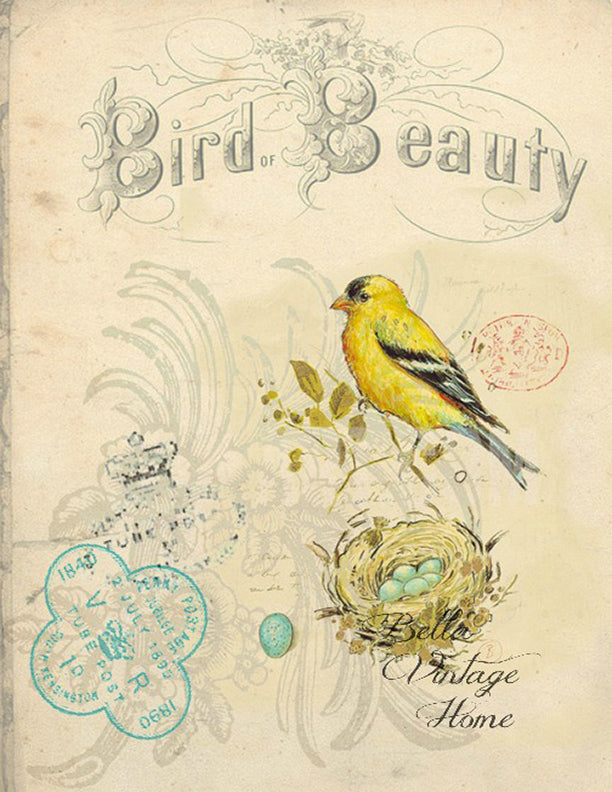 Bird Tea Towel Yellow Finch "Bird Beauty" - BELLAVINTAGEHOME