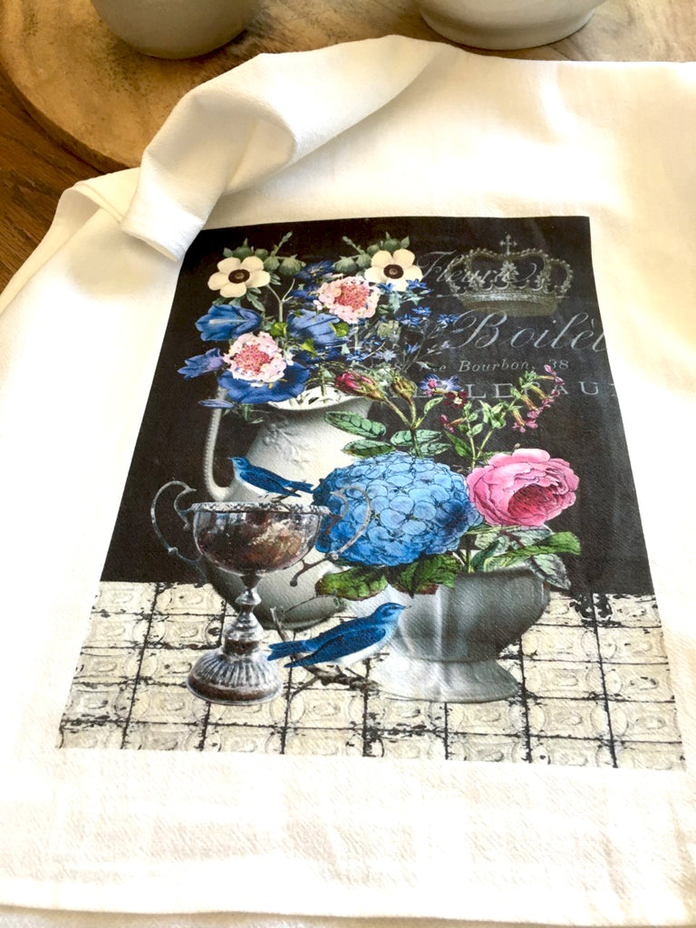 Blue Birds and Flowers Tea Towel - BELLAVINTAGEHOME