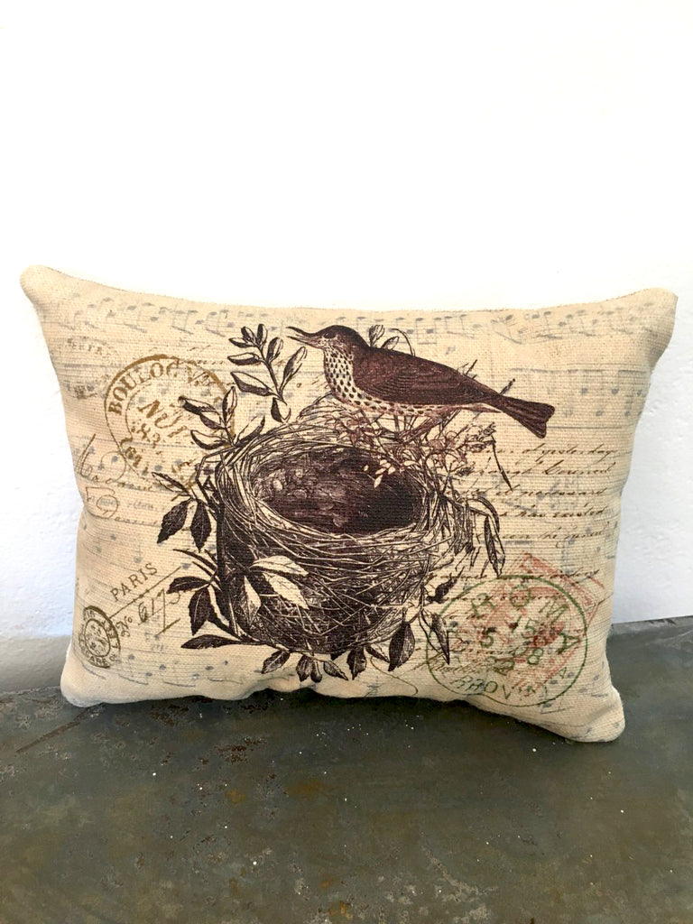 Brown bird with Nest Accent Pillow - BELLAVINTAGEHOME
