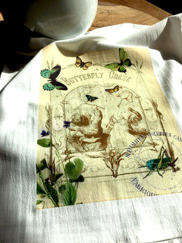 Insect Tea  Towel  Butterfly Chase - BELLAVINTAGEHOME