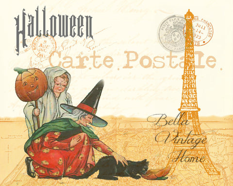 Halloween Witch and Kitty Carte Postale Print,  Pillow, Note Cards, Tea Towel, Digital Download - BELLAVINTAGEHOME