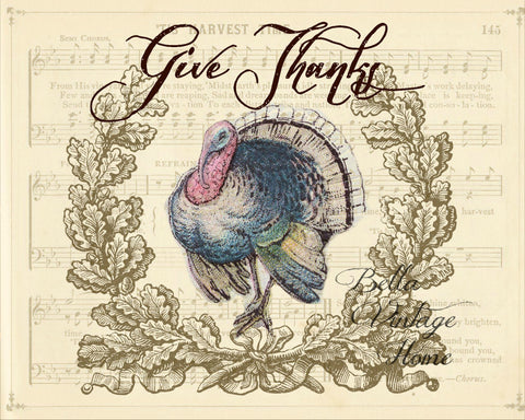 Give Thanks Turkey Print,  Pillow, Note Cards, Tea Towel, Digital Download - BELLAVINTAGEHOME