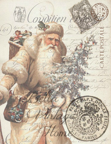 Vintage Art Collection Paper  Christmas Ivory Santa Print,  Pillow, Note Cards, Tea Towel, Digital Download - BELLAVINTAGEHOME