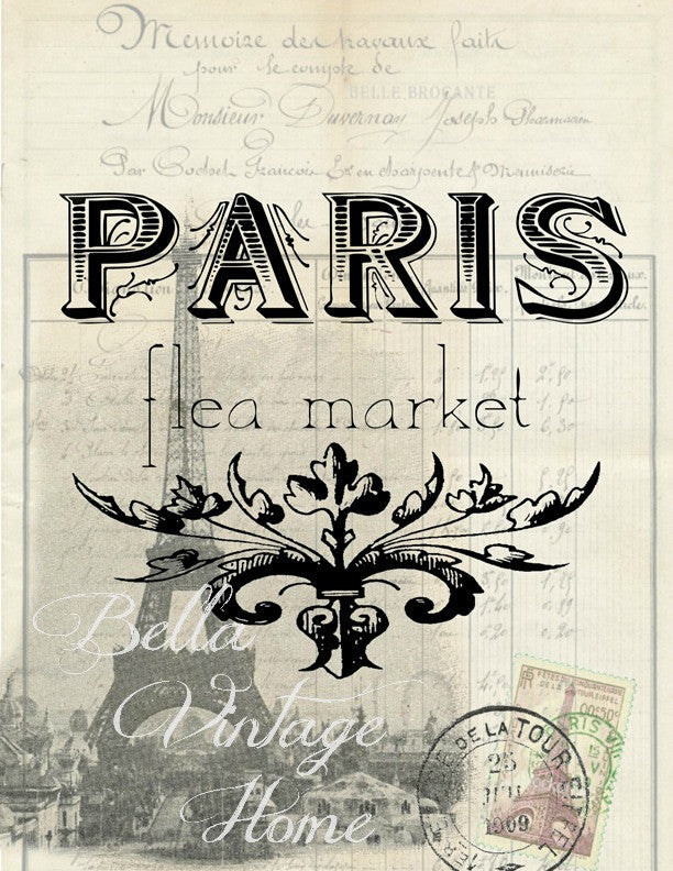 Paris Flea Market/ Eiffel Tower Print,  Pillow, Note Cards, Tea Towel, Digital Download - BELLAVINTAGEHOME