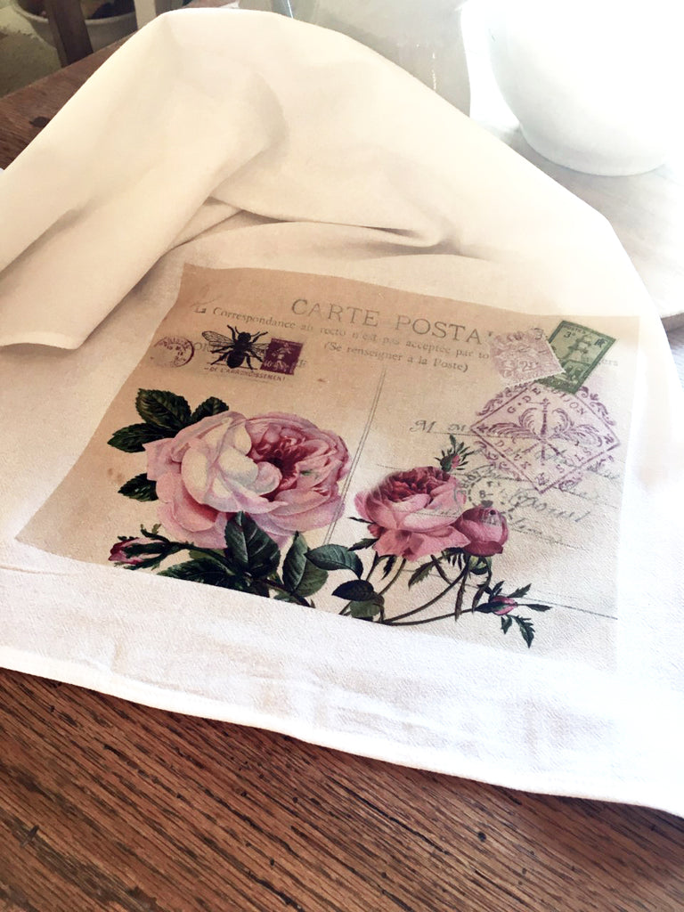 Floral Tea  Towel Pink Roses Carte Postale - BELLAVINTAGEHOME