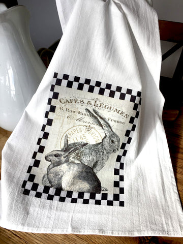Sitting Black and White Rabbits Tea Towel - BELLAVINTAGEHOME